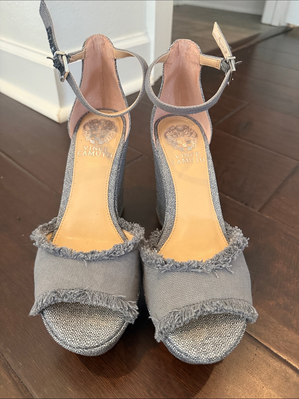 Vince Camuto Bluish Gray Frayed Ankle-Strap Platform Sandals